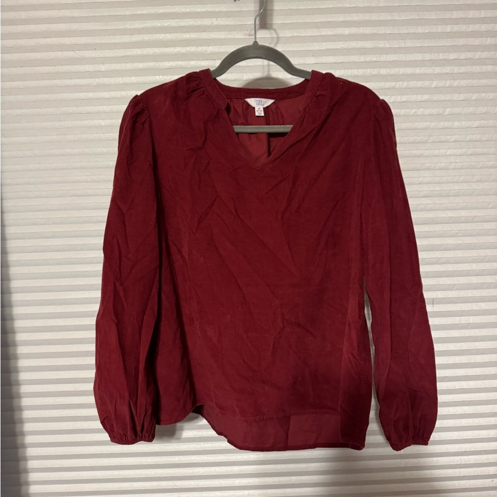 Chic Corduroy Burgundy V-Neck Blouse